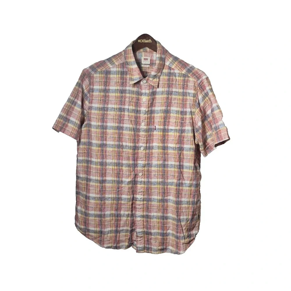 Levi's Shirt Mens Large‎ Red Plaid Cotton Linen Blend Short Sleeve Button Up